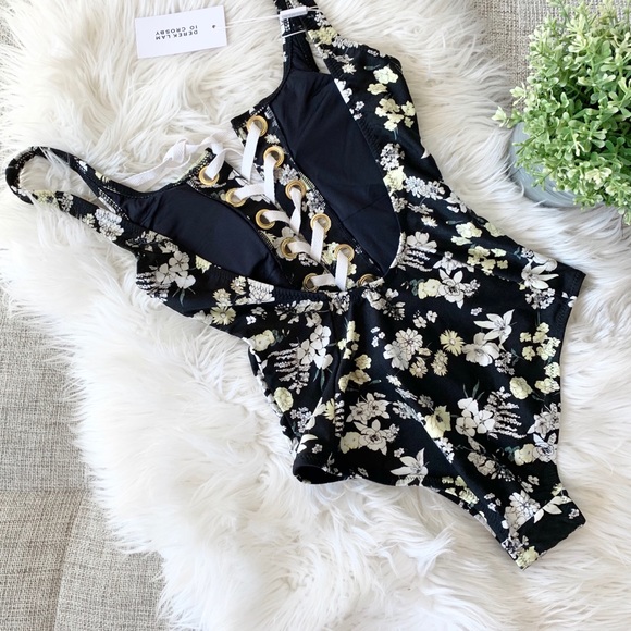NWT | Derek Lam 10 Crosby | Floral Lace-Up One Piece Swimsuit - Picture 4 of 6